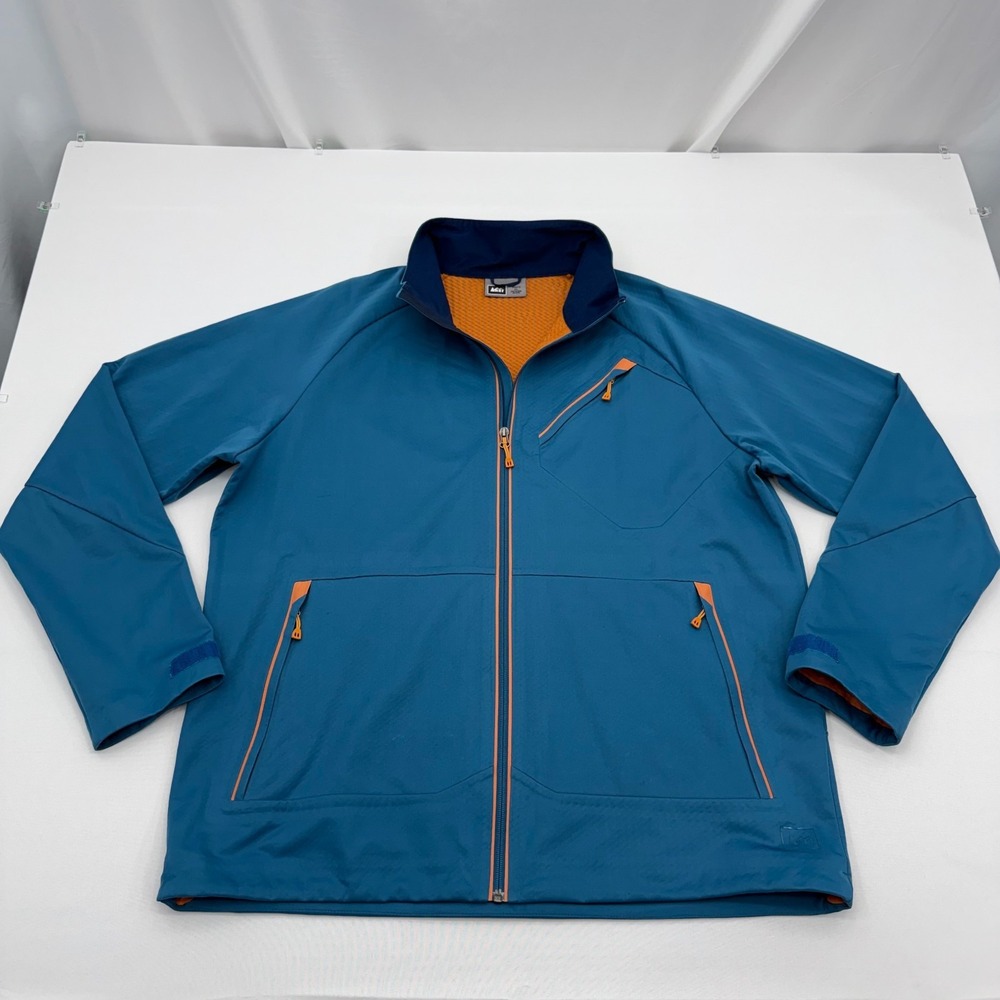 REI Softshell Windbreaker Jacket Men XL Blue Orange Waffle Fleece Lined Full Zip